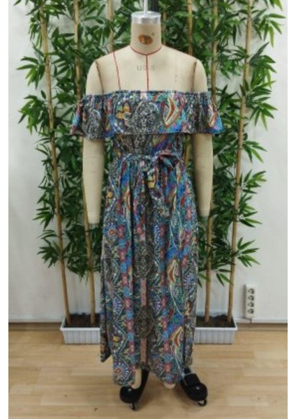 Madonna Yaka Yırtmaç Detaylı Uzun Elbise - Mavi indirimleri