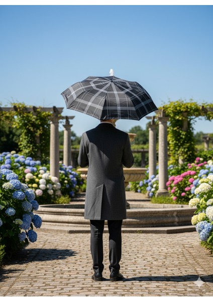 Siyah 8 Telli Tam Otomatik Rüzgara Dayanıklı Ekose Desenli Şemsiye