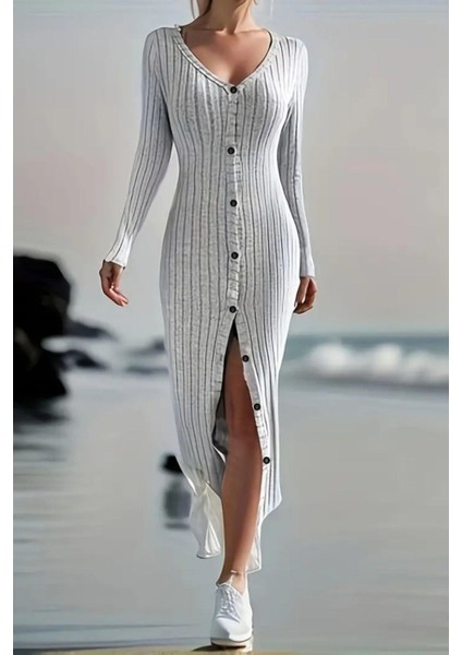 Uzun Kollu Önden Düğmeli Yırtmaçlı Kaşkorse Elbise - Gri