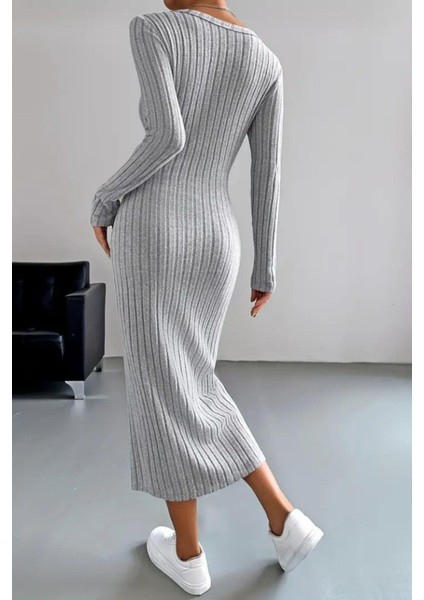 Uzun Kollu Önden Düğmeli Yırtmaçlı Kaşkorse Elbise - Gri fiyatları