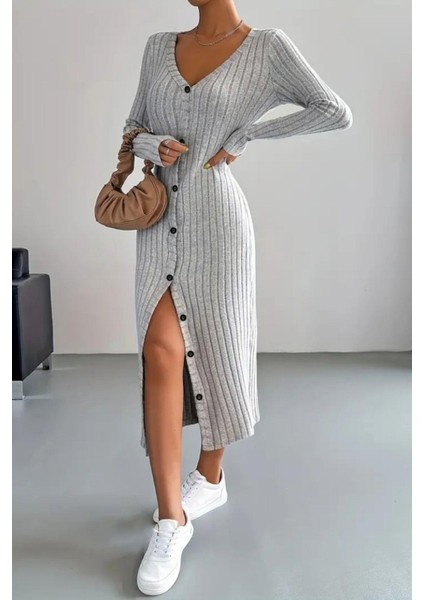 Uzun Kollu Önden Düğmeli Yırtmaçlı Kaşkorse Elbise - Gri modelleri
