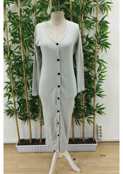 Uzun Kollu Önden Düğmeli Yırtmaçlı Kaşkorse Elbise - Gri fırsatları