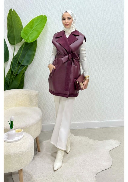 Leyzar Kürk Detaylı Kuşaklı Deri Tesettür Yelek- Mürdüm Standart (S-M-L Uyumlu)