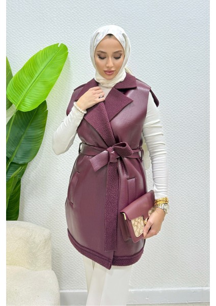 Leyzar Kürk Detaylı Kuşaklı Deri Tesettür Yelek- Mürdüm Standart (S-M-L Uyumlu) fiyatları