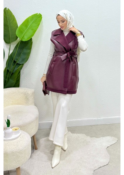 Leyzar Kürk Detaylı Kuşaklı Deri Tesettür Yelek- Mürdüm Standart (S-M-L Uyumlu) modelleri