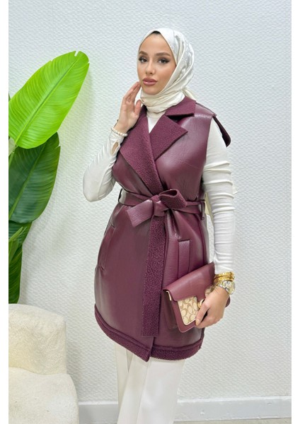 Leyzar Kürk Detaylı Kuşaklı Deri Tesettür Yelek- Mürdüm Standart (S-M-L Uyumlu) fırsatları