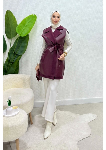 Leyzar Kürk Detaylı Kuşaklı Deri Tesettür Yelek- Mürdüm Standart (S-M-L Uyumlu) indirimleri