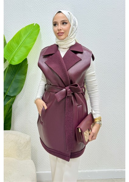 Leyzar Kürk Detaylı Kuşaklı Deri Tesettür Yelek- Mürdüm Standart (S-M-L Uyumlu)