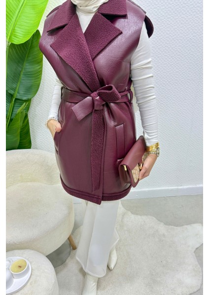 Leyzar Kürk Detaylı Kuşaklı Deri Tesettür Yelek- Mürdüm Standart (S-M-L Uyumlu)