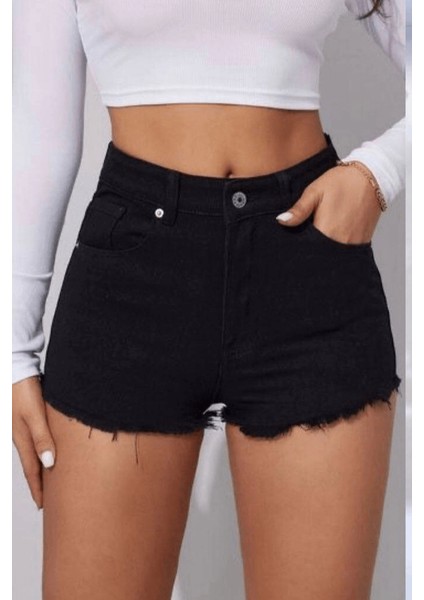 Kadın Yüksek Bel Püsküllü Denim Kot Şort Jeans Xl/42