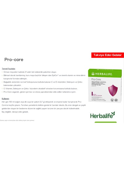 Pro-Core Bağışıklık Sistemini Destekleyen Vitamin ve Mineral Takviyesi (21X3,7 G Şaselerde)