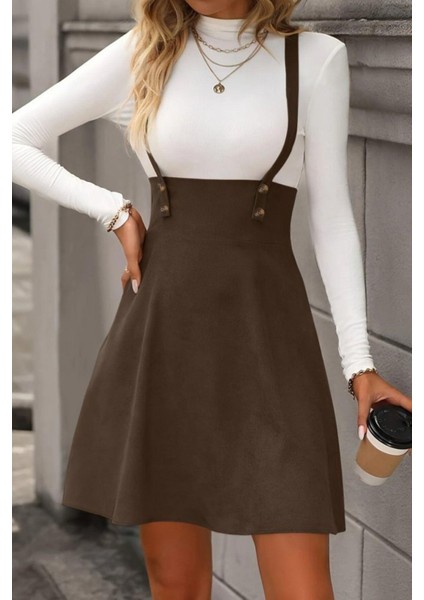 Askılı Düğme Detaylı Mini Süet Elbise - Kahve