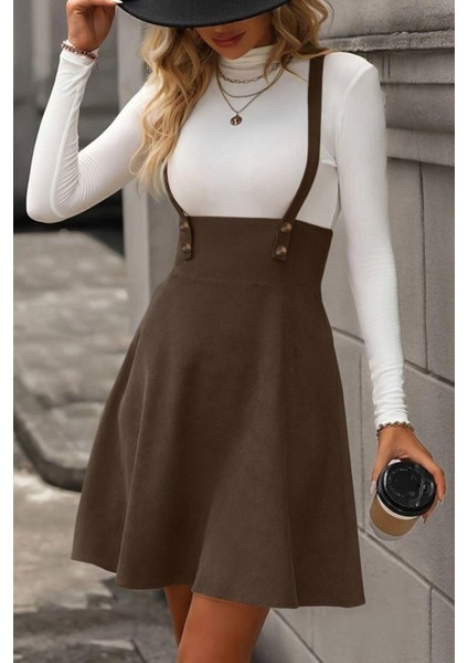 Askılı Düğme Detaylı Mini Süet Elbise - Kahve fiyatları