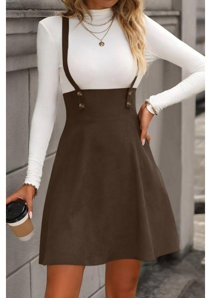 Askılı Düğme Detaylı Mini Süet Elbise - Kahve modelleri