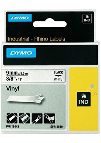 RhinoPro Renkli Vinil Şerit 9 mm x 5.5m Beyaz/Siyah 18443 Etiket Makinesi İçin Sarf Malzemesi fiyatları
