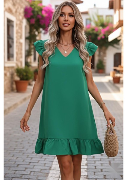 Balon Kol Eteği Fırfırlı Elbise Yeşil