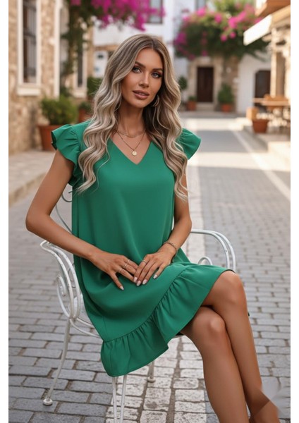 Balon Kol Eteği Fırfırlı Elbise Yeşil modelleri