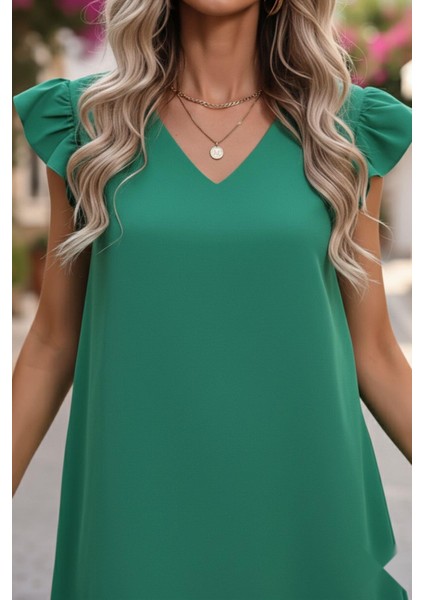 Balon Kol Eteği Fırfırlı Elbise Yeşil fırsatları