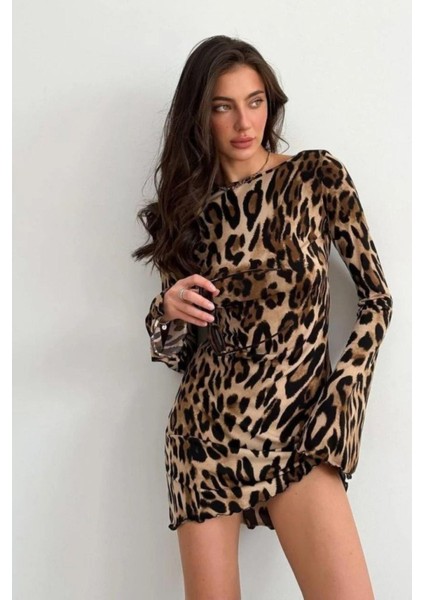 Dalgıç Kumaş Leopar Desenli Sırt Dekolteli Mini Elbise - Leopar