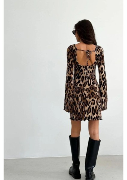 Dalgıç Kumaş Leopar Desenli Sırt Dekolteli Mini Elbise - Leopar fiyatları