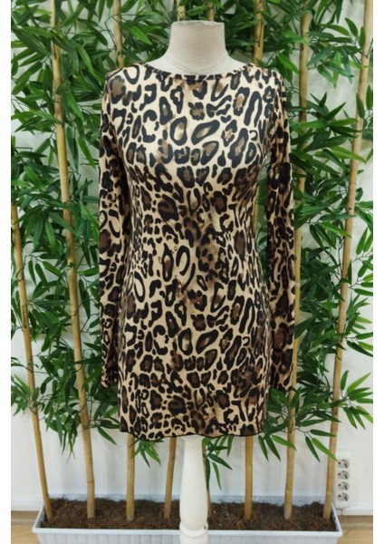 Dalgıç Kumaş Leopar Desenli Sırt Dekolteli Mini Elbise - Leopar fırsatları
