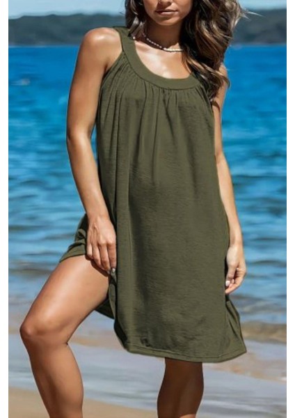 Askılı Yuvarlak Yaka Pileli Viskon Elbise - Yeşil