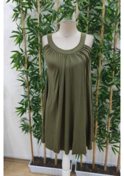 Askılı Yuvarlak Yaka Pileli Viskon Elbise - Yeşil fırsatları