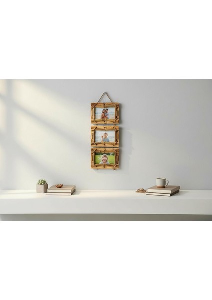 El Yapımı Doğal Ahşap 3’lü Bambu Bamboo Fotoğraf Çerçevesi Dekoratif Ev Ofis Hediyesi Duvar Süsü - 5 modelleri