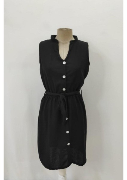 Hakim Yaka Kolsuz Düğmeli Kuşaklı Elbise - Siyah fırsatları