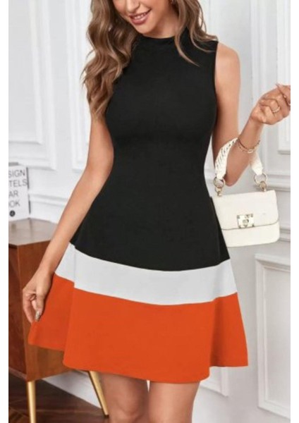 Kolsuz Balıkçı Yaka Şerit Detaylı Krep Elbise - Turuncu