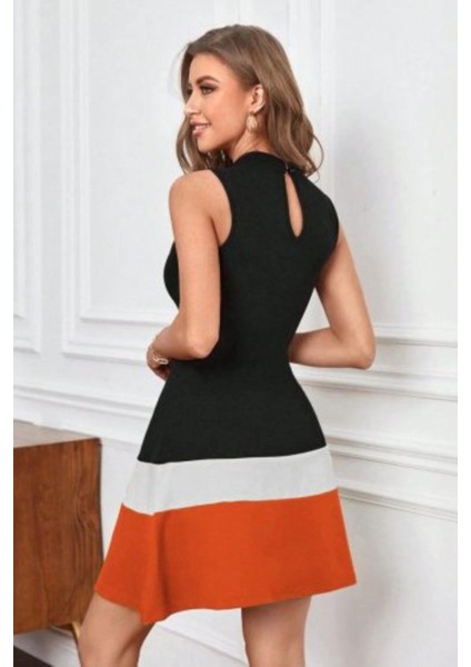 Kolsuz Balıkçı Yaka Şerit Detaylı Krep Elbise - Turuncu modelleri