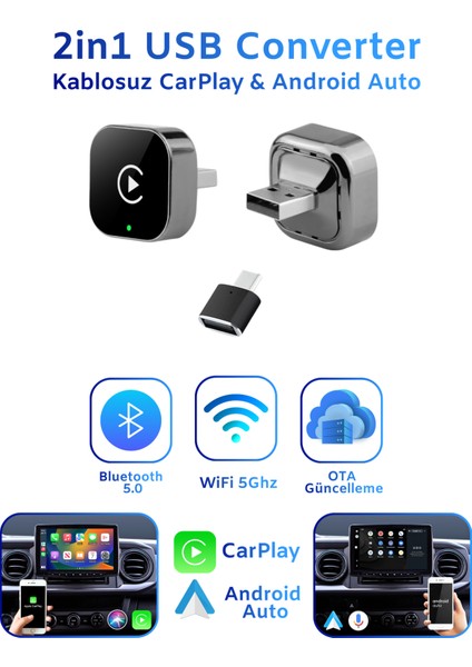 USB 2in1 Converter Kablosuz Carplay Apple ve Android USB ve Type-C Uyumlu Araç Wireless Dönüştürücü