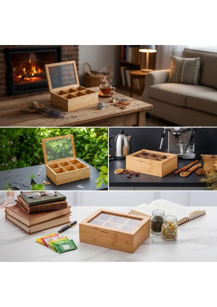 Bambu 6 Bölmeli Çay Kutusu -%100 Orjinal Bambu Mıknatıslı Kapak 21X16,5 X7CM