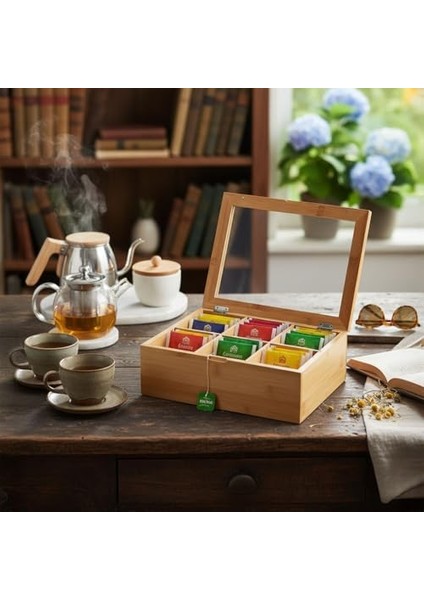 Bambu 6 Bölmeli Çay Kutusu -%100 Orjinal Bambu Mıknatıslı Kapak 21X16,5 X7CM fiyatları