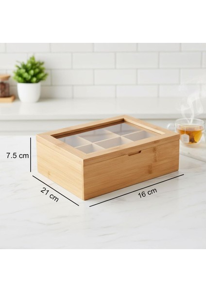 Bambu 6 Bölmeli Çay Kutusu -%100 Orjinal Bambu Mıknatıslı Kapak 21X16,5 X7CM modelleri