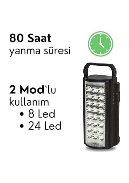 LED 24 Ledli Taşınabilir Işıldak Kamp Feneri El Feneri - Siyah