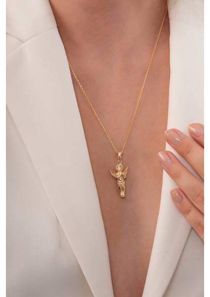925 Ayar Gümüş Zincirli Altın Kaplama “Praying Angel” Kolye