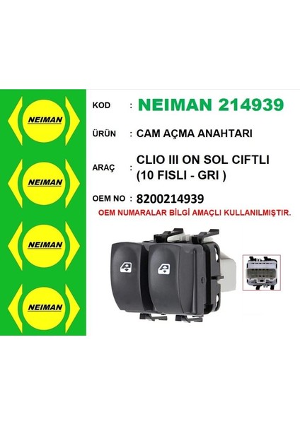 Cam Açma Anahtarı On Sol Cıftlı (10 Fıslı - Grı ) Clıo Iıı