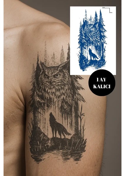 1 Ay Kalıcı Gerçekci Baykuş ve Kurt 12 Saat Sonra Kararan Yapıştırma Geçici Dövme