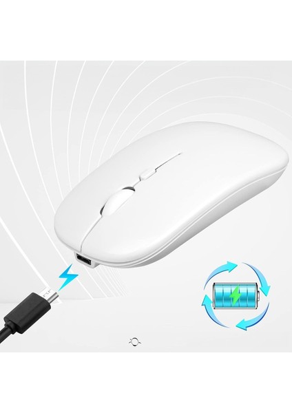 Kablosuz Çift Mod (Bluetooth/2.4ghz) Şarjlı Sessiz Tıklama Mouse – Beyaz