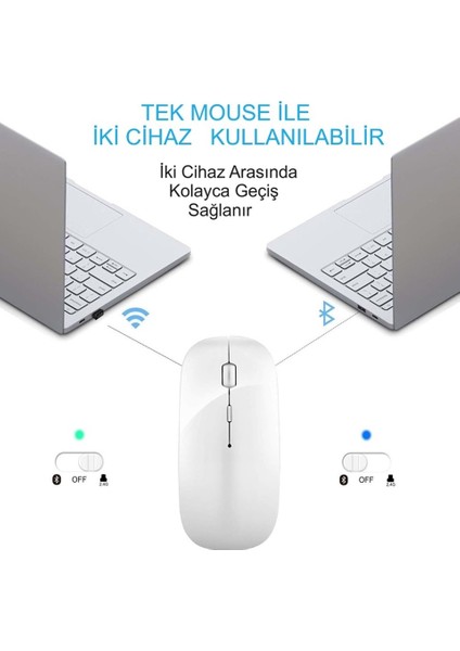 Kablosuz Çift Mod (Bluetooth/2.4ghz) Şarjlı Sessiz Tıklama Mouse – Beyaz fiyatları
