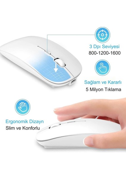 Kablosuz Çift Mod (Bluetooth/2.4ghz) Şarjlı Sessiz Tıklama Mouse – Beyaz fırsatları