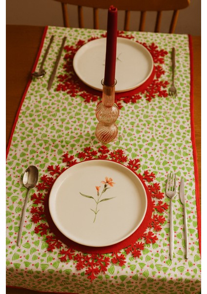 Çam Ağacı Desenli Runner Yeşil-Beyaz 150CM/50CM