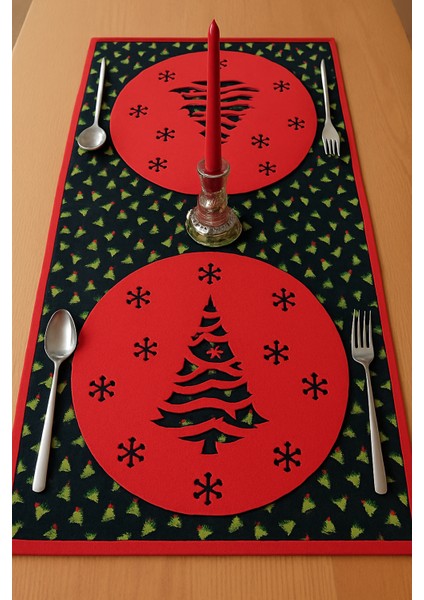 Çam Ağacı Desenli Runner Yeşil-Siyah 150CM/50CM