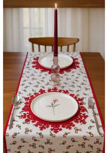 Şeker Desenli Runner Kırmızı-Beyaz 150CM/50CM