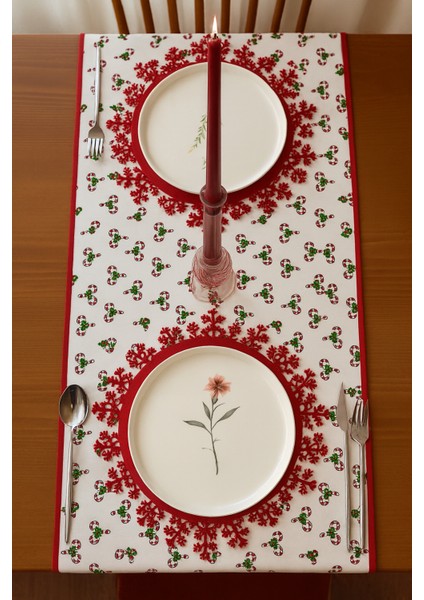 Şeker Desenli Runner Kırmızı-Beyaz 150CM/50CM