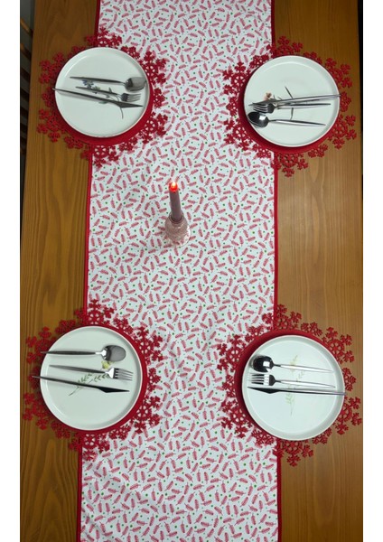 Çam Ağacı Yaprağı Desenli Runner Kırmızı-Beyaz 150CM/50CM