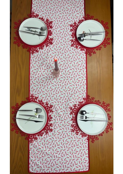 Çam Ağacı Yaprağı Desenli Runner Kırmızı-Beyaz 150CM/50CM modelleri