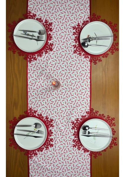 Çam Ağacı Yaprağı Desenli Runner Kırmızı-Beyaz 150CM/50CM fırsatları