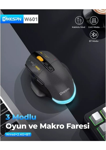 Mkespn W601 Rgb Wireless+Bluetooth+Şarjlı Gaming Mouse Beyaz 12800DPI